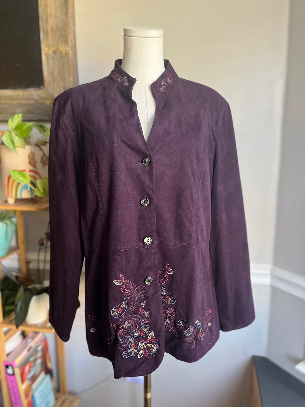 Vintage Y2K Purple Paisley Blouse Button Front Faux Suede Size Large